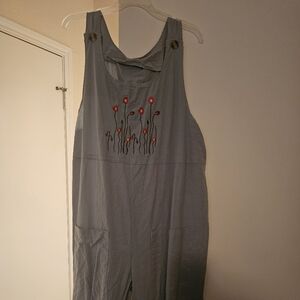 Green Overalls with Red Floral Embroidery